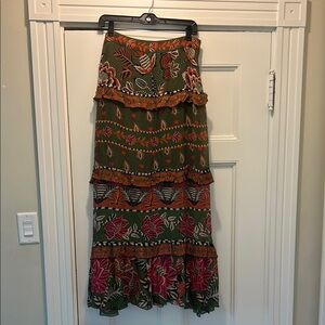 FARM Rio silk Green and Orange Tiered Maxi Skirt